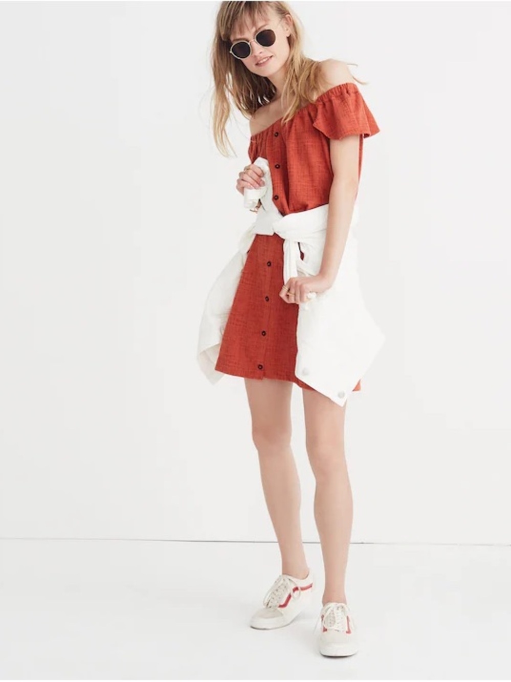 Madewell Off Shoulder Textured Button Front Dress Coral Terracotta L NWT